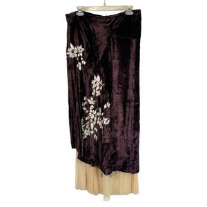 NEW NWT Pura Vida Purple Velvet Floral Embroidered Boho Flowing Peasant Skirt